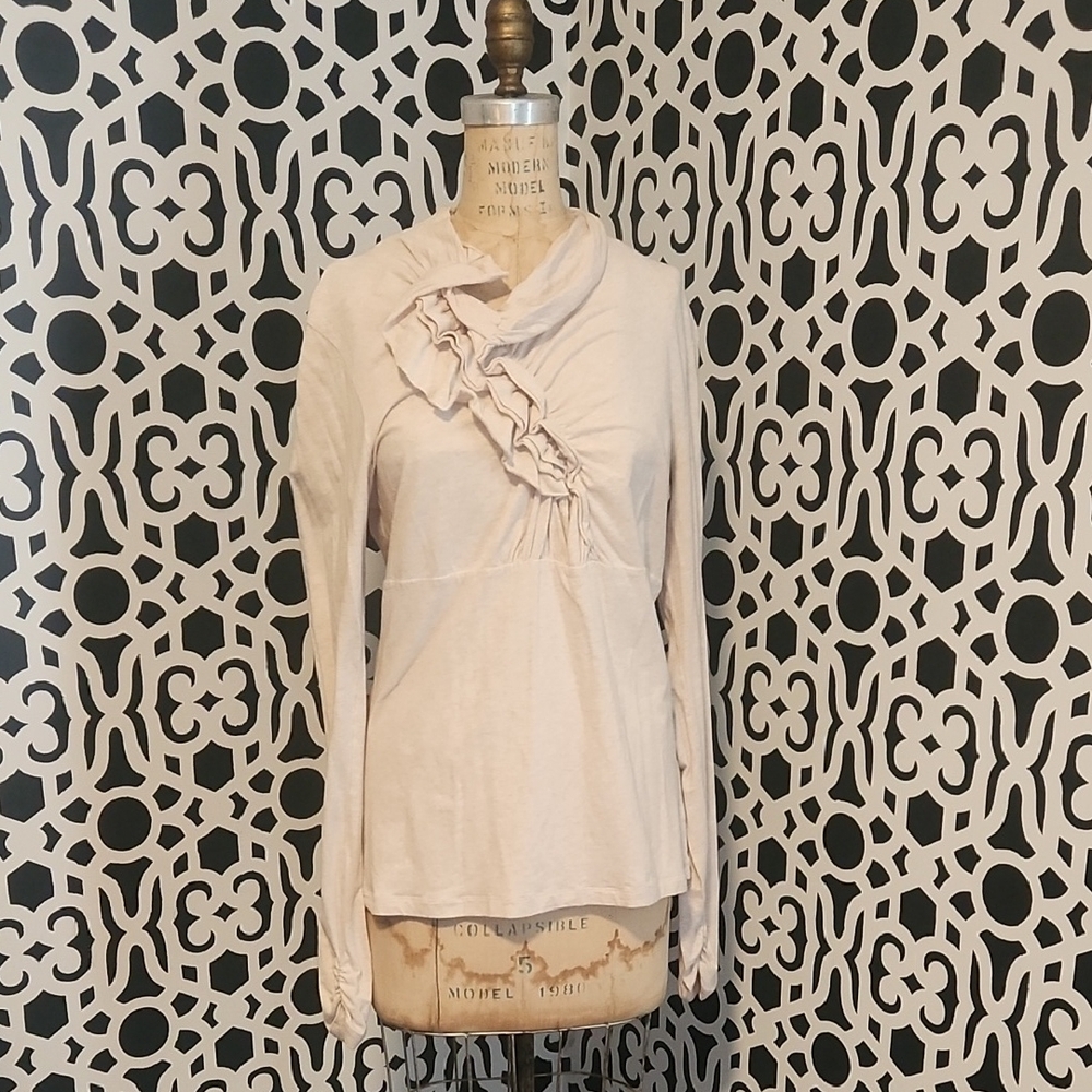 CAbi Jaunt Long Sleeve Stretch Knit Tee - Tan Ruffled Long Sleeve Blouse - Sz L